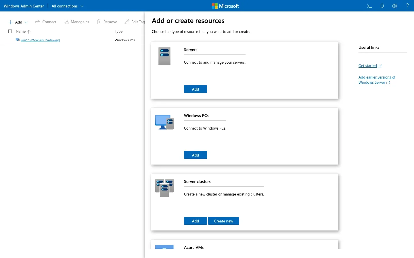 Windows Admin Center Add or create resources panel with Servers, Windows PCs, Server clusters and Azure VMs.